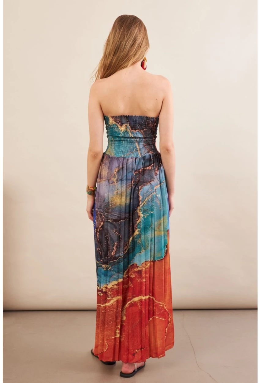 Kadın Turuncu-Mavi Straplez Pilise Uzun Elbise MSİ100