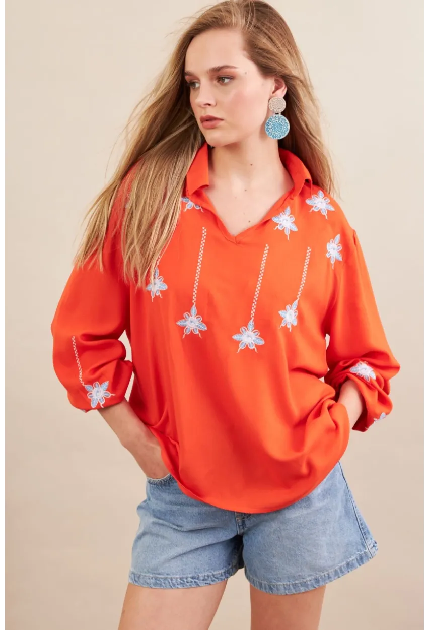 Kadın Turuncu Nakışlı Bluz MPC1345