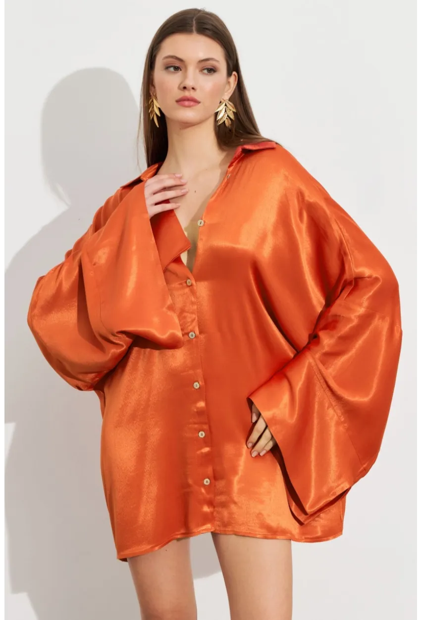Kadın Turuncu Oversize Gömlek ROP106