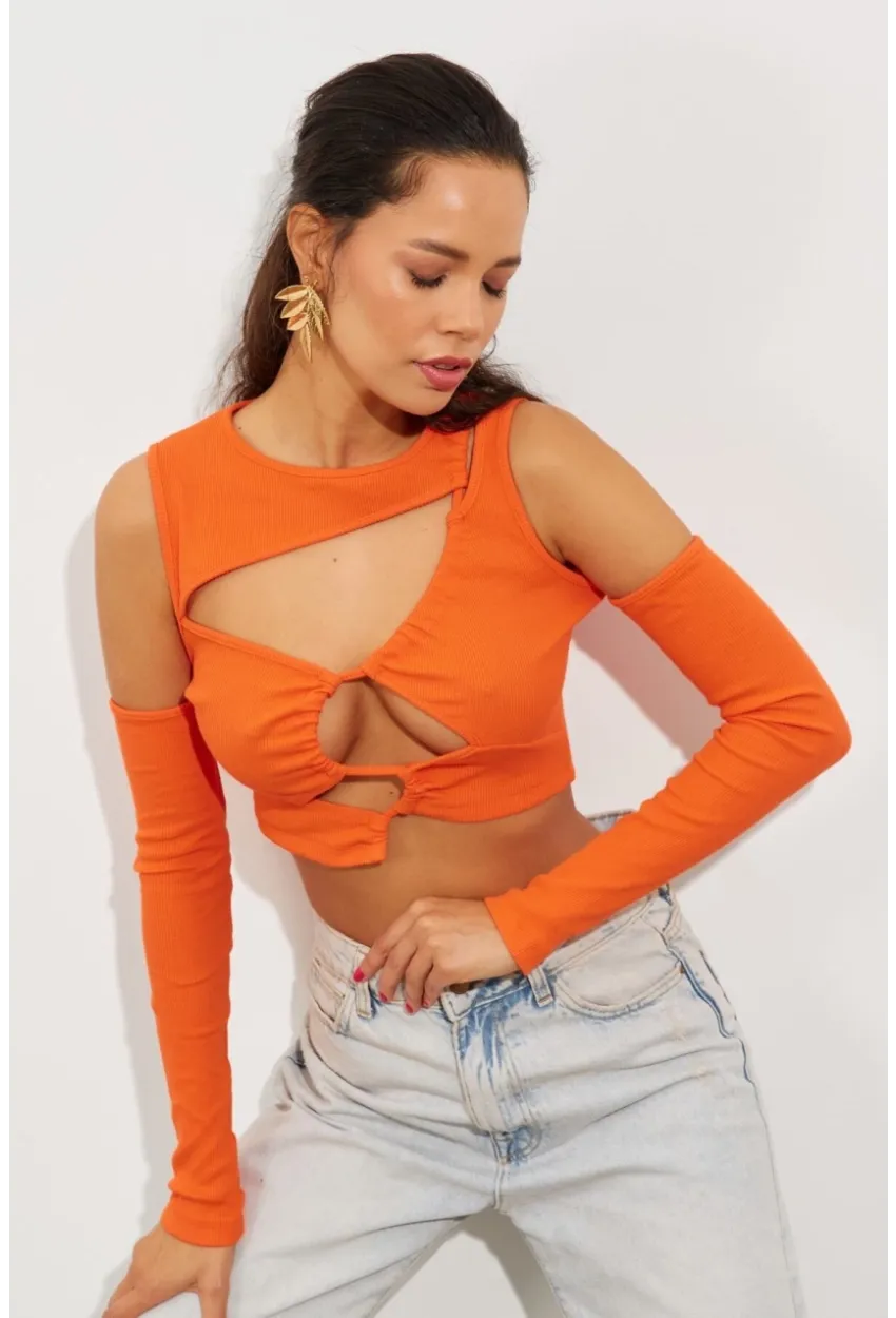 Kadın Turuncu Pencereli Kaşkorse Crop Bluz B2403