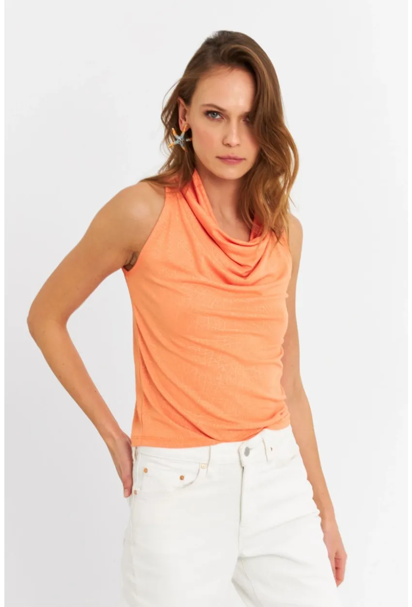 Kadın Turuncu Sırt Pencereli Desenli Bluz LPP1021