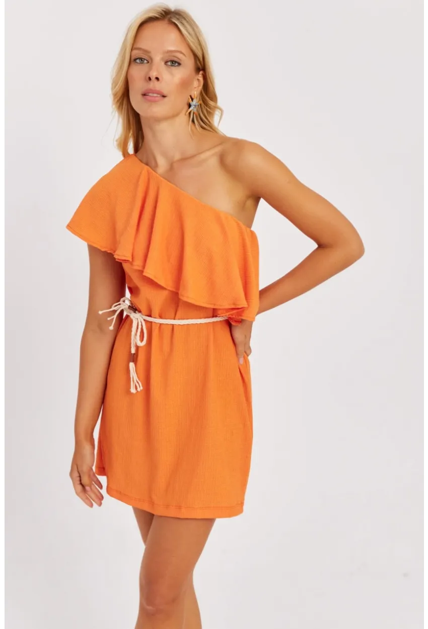 Kadın Turuncu Tek Omuz Mini Elbise EY2778
