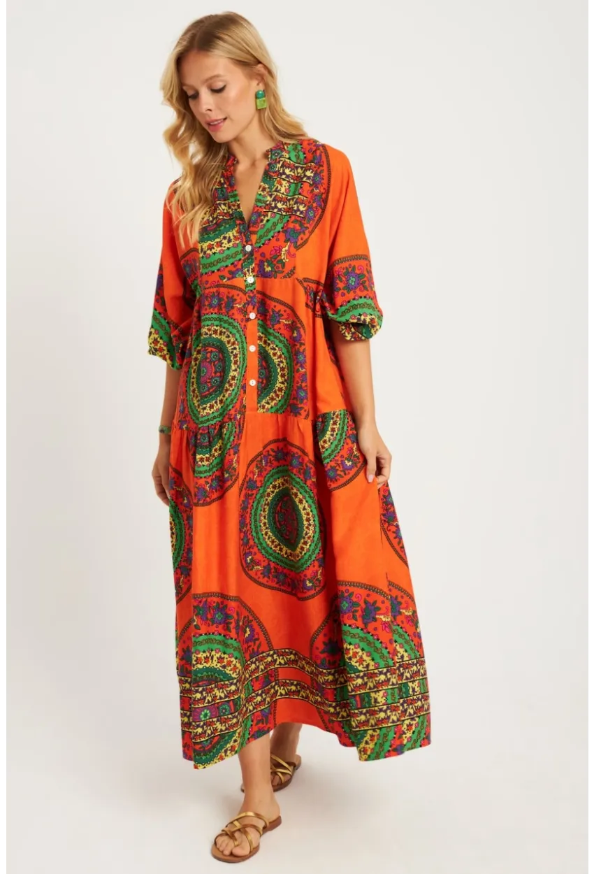 Kadın Turuncu-Yeşil Desenli Midi Elbise GÇ169