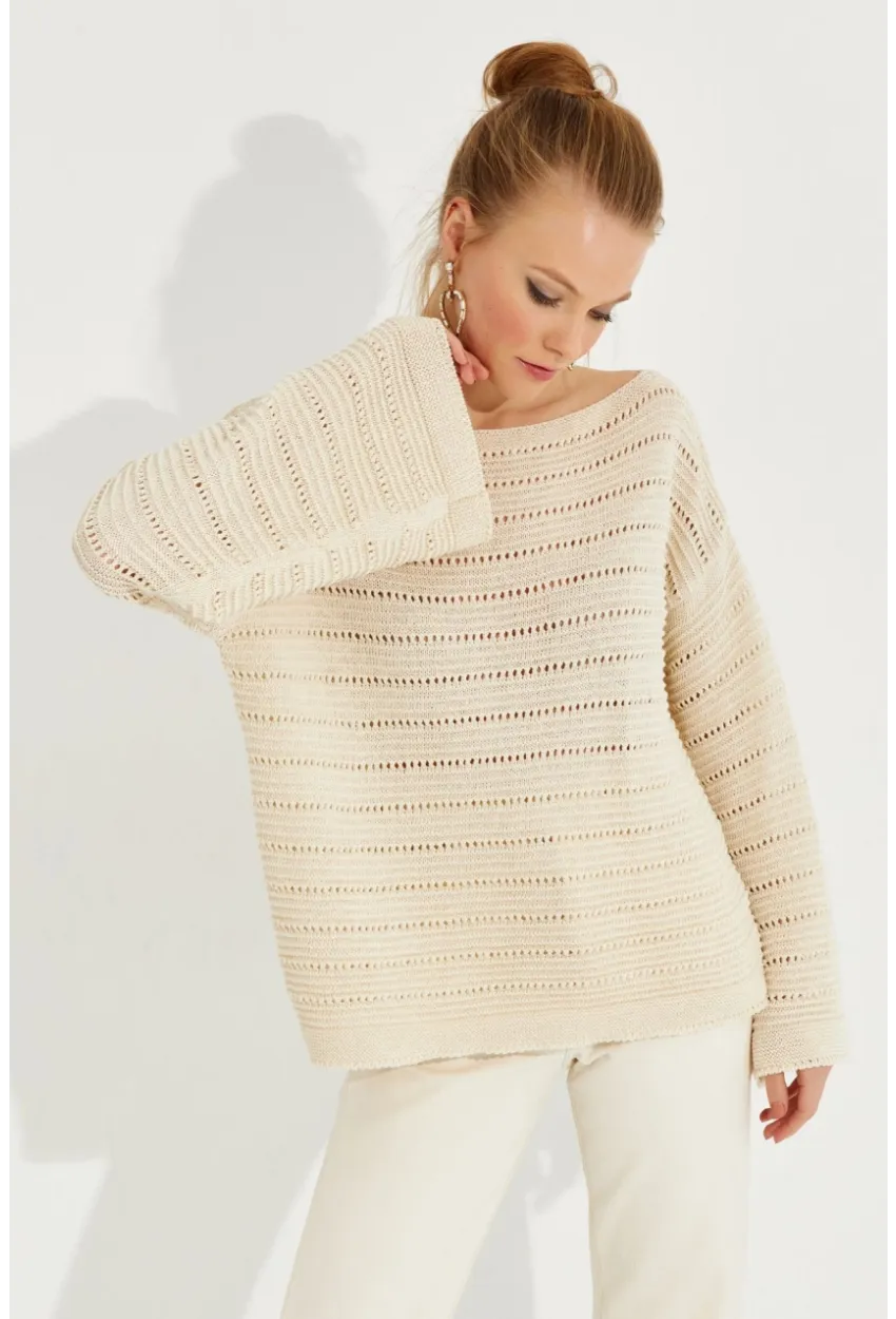 Kadın Vanilya Ajurlu Triko Bluz YV213