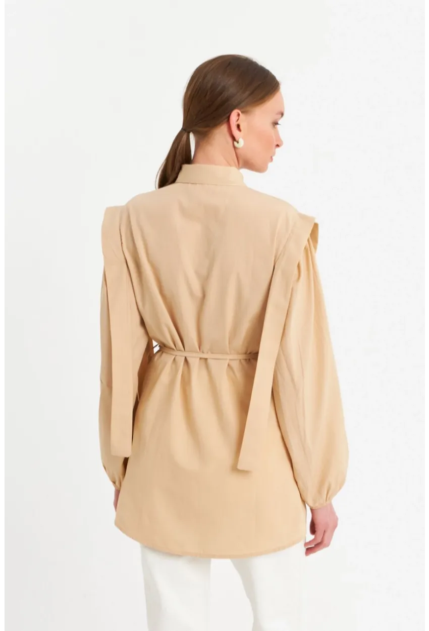 Kadın Vanilya Bağlama Detaylı Basic Gömlek MASF185