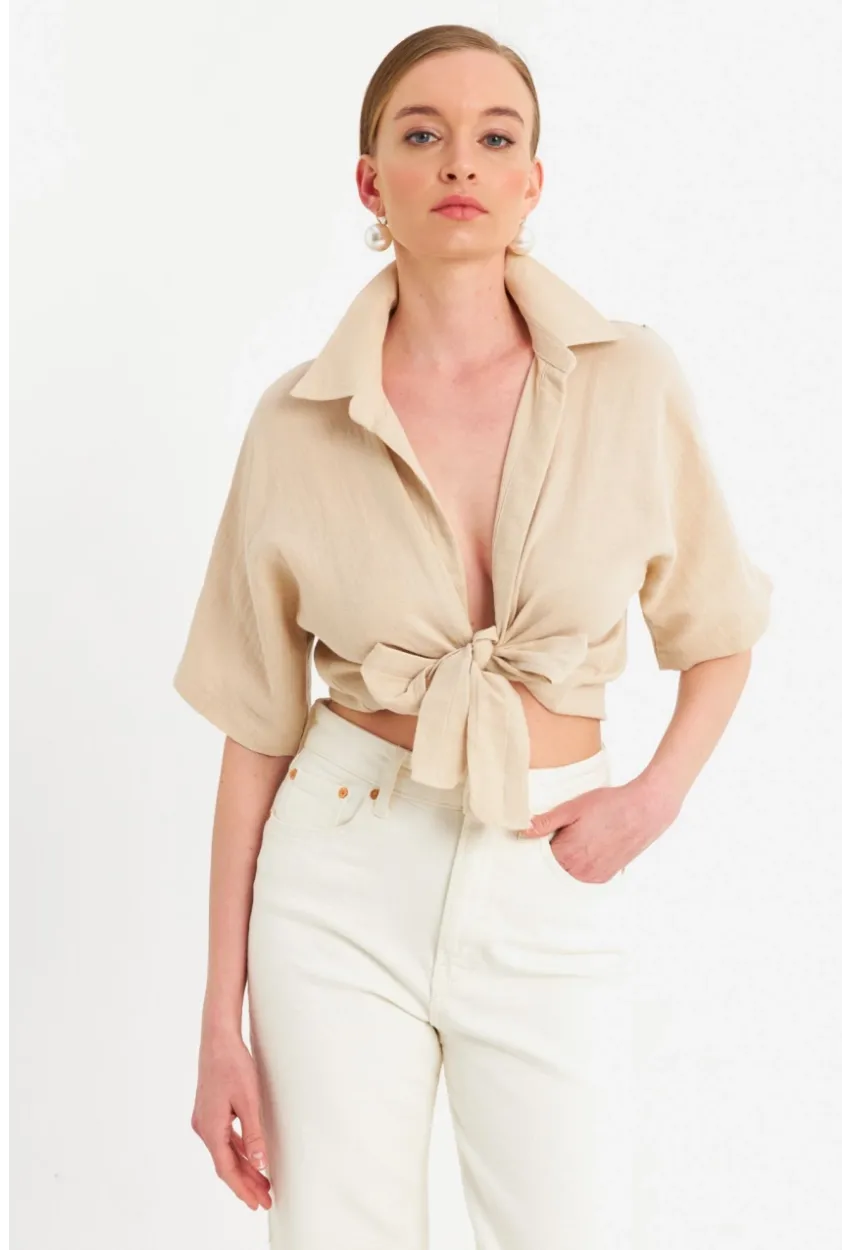 Kadın Vanilya Bağlamalı Keten Bluz BTH16