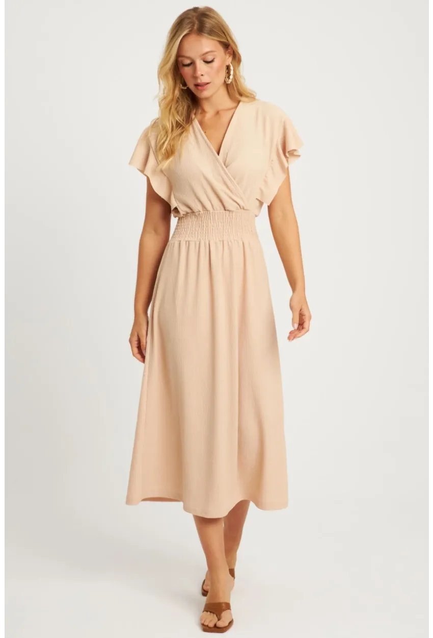 Kadın Vanilya Bürümcük Kruvaze Midi Elbise XL2008