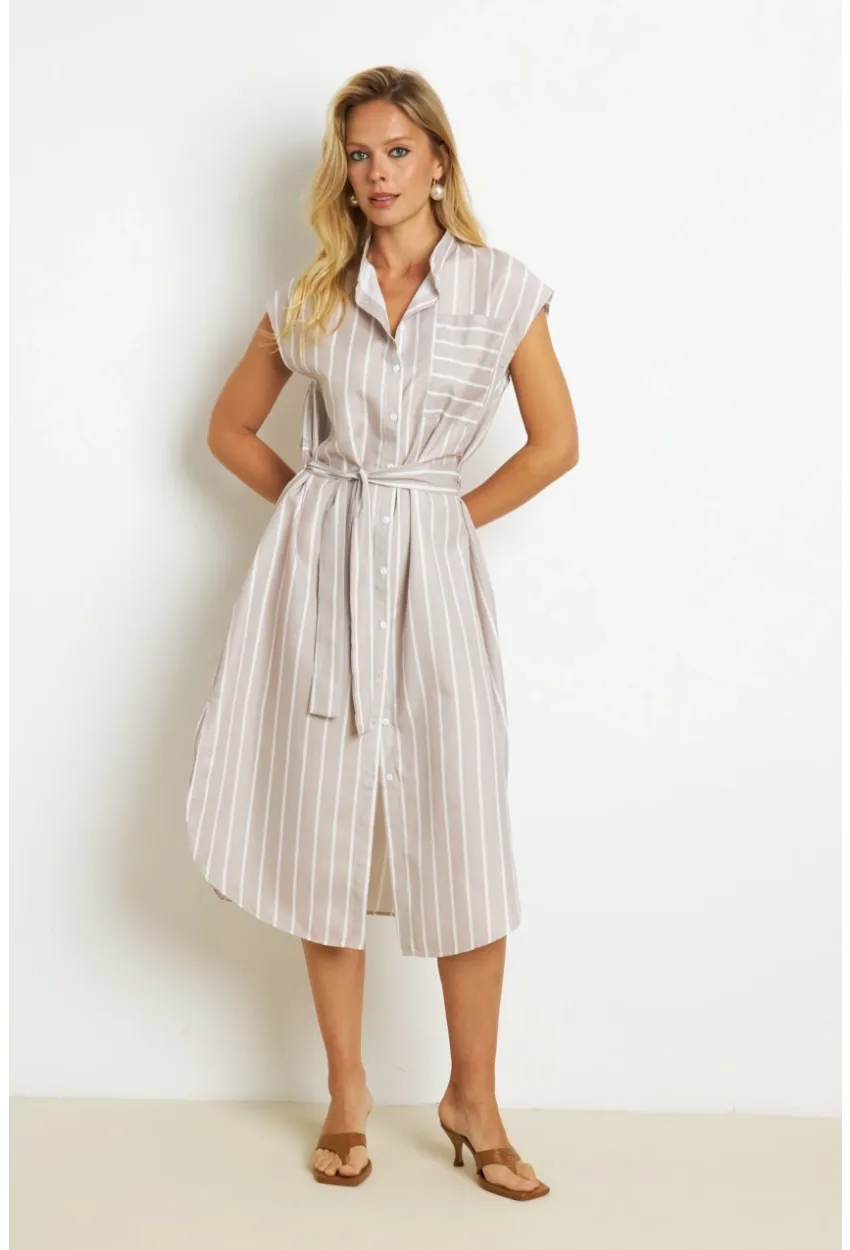 Kadın Vanilya Çizgili Midi Gömlek Elbise SF1000