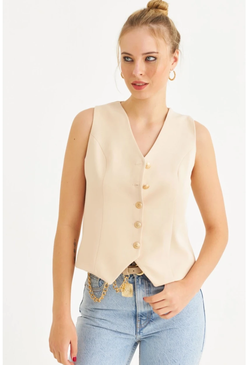 Kadın Vanilya Düğme Detaylı Astarlı Yelek SGT410