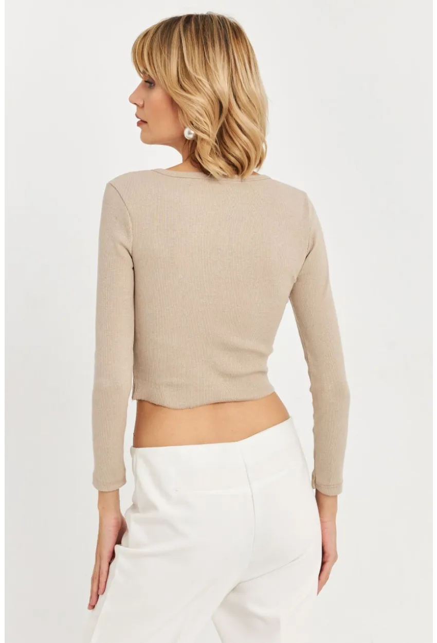 Kadın Vanilya Düğme Detaylı Basic Bluz ALB3814