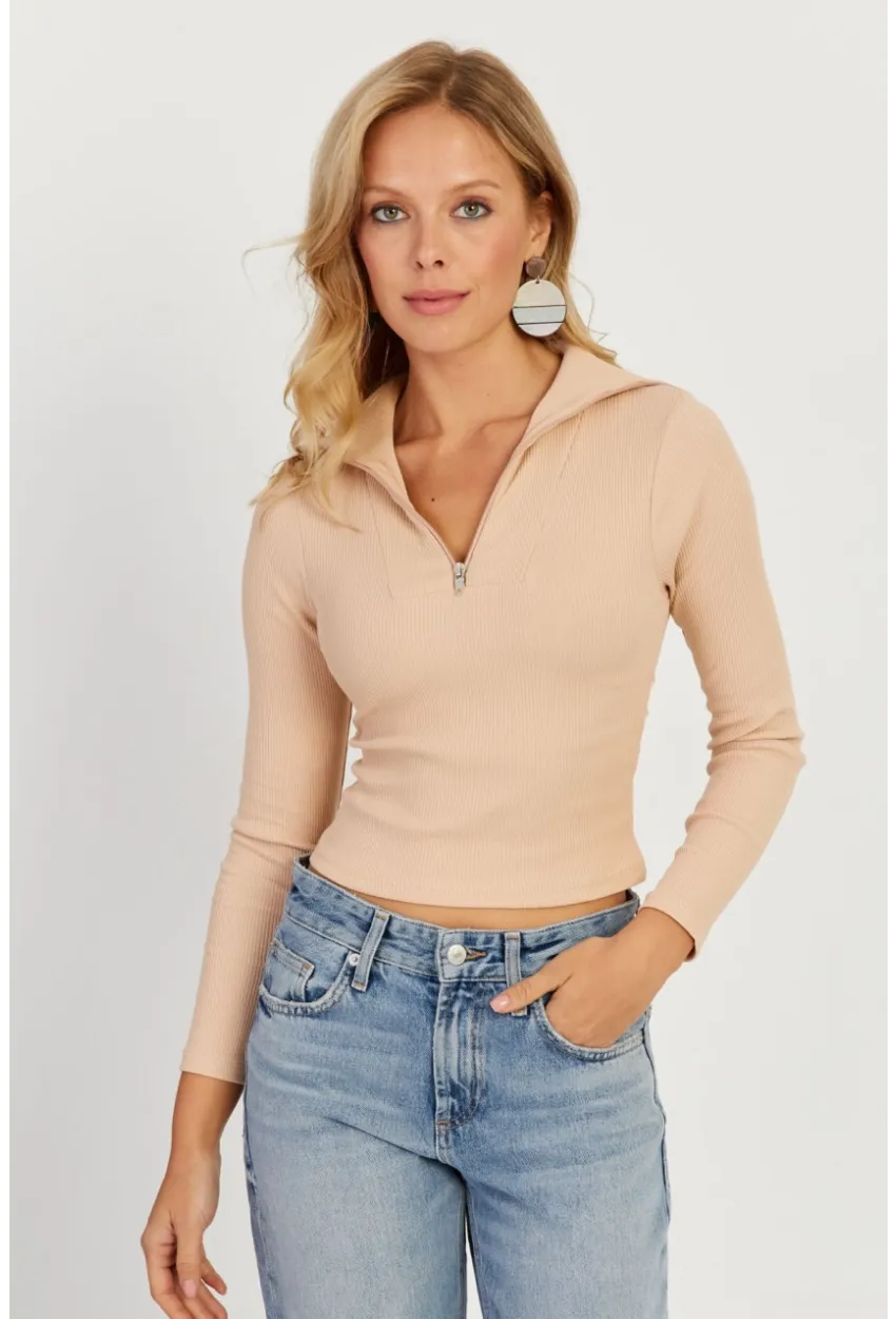 Kadın Vanilya Fermuarlı Kısa Bluz CY336