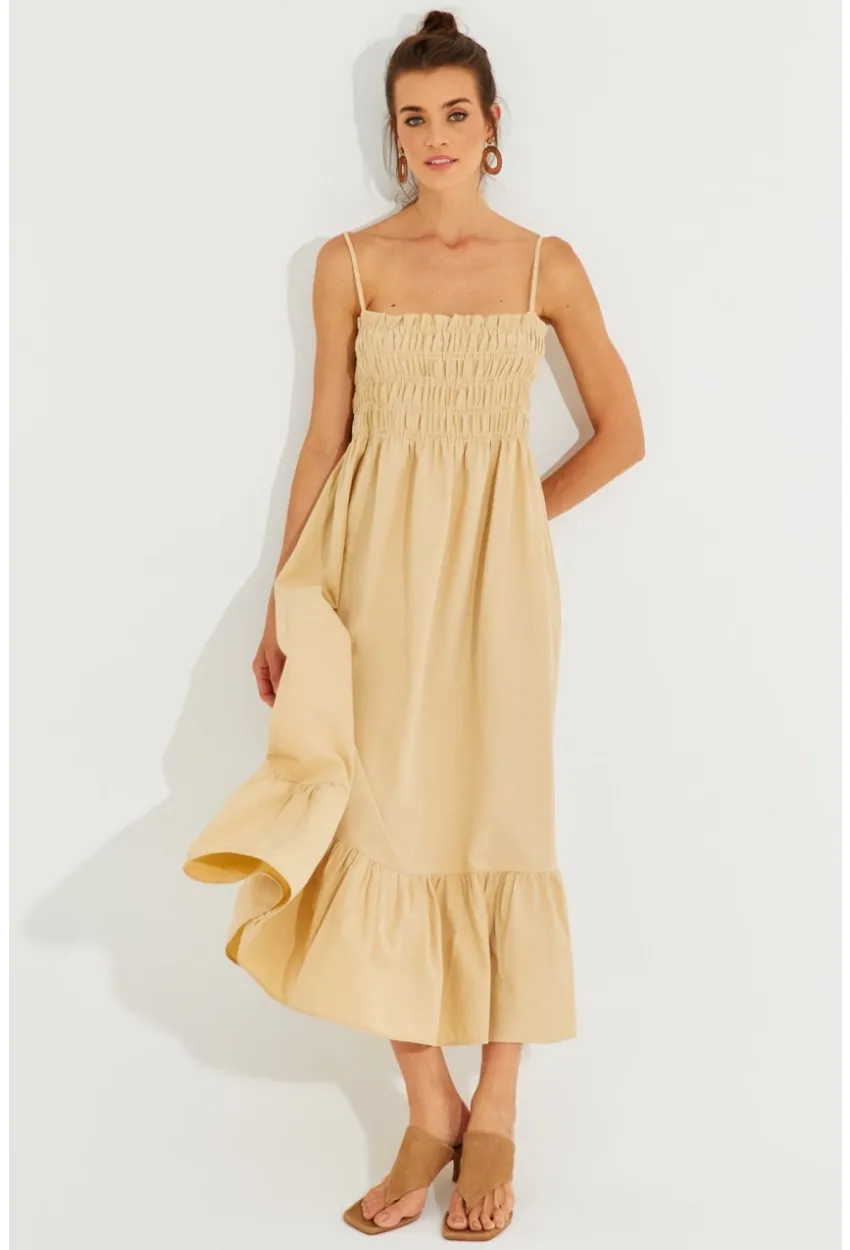 Kadın Vanilya Gipeli Askılı Midi Elbise MEN2000