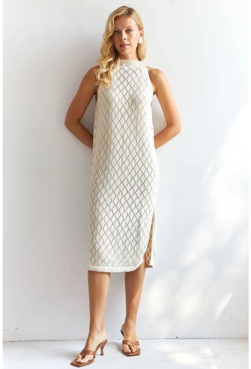 Kadın Vanilya Halter Yaka Triko Midi Elbise MP20134