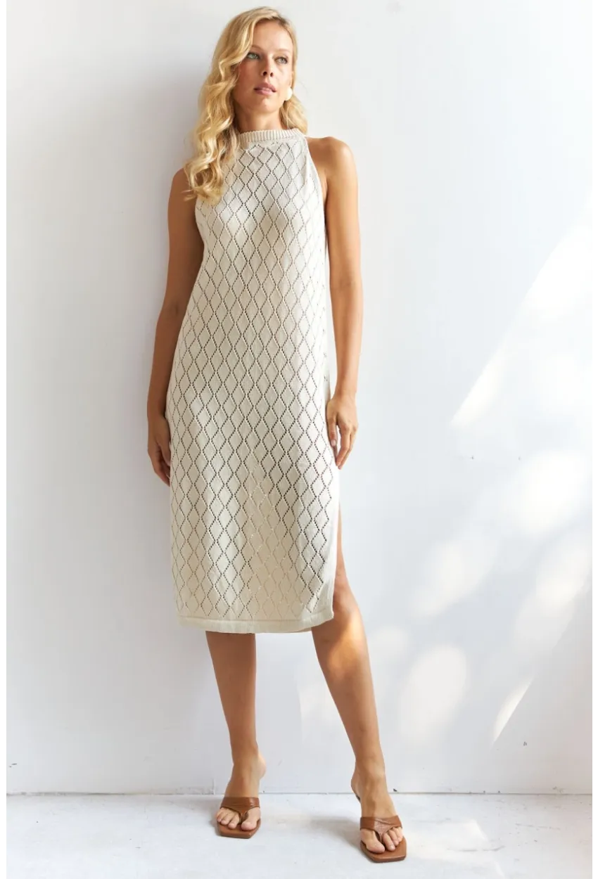 Kadın Vanilya Halter Yaka Triko Midi Elbise MP20134
