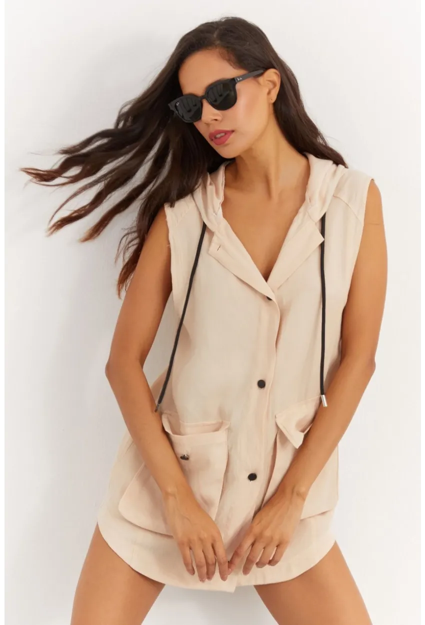 Kadın Vanilya Kapüşonlu Yelek RML06