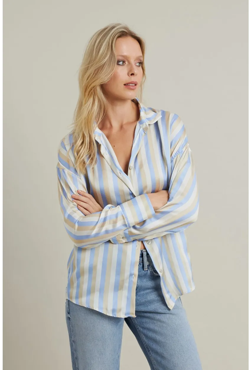 Kadın Vanilya-Mavi Desenli Saten Gömlek MSHR9