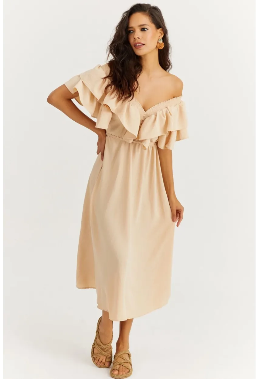 Kadın Vanilya Ön Arka V Volanlı Elbise KS113