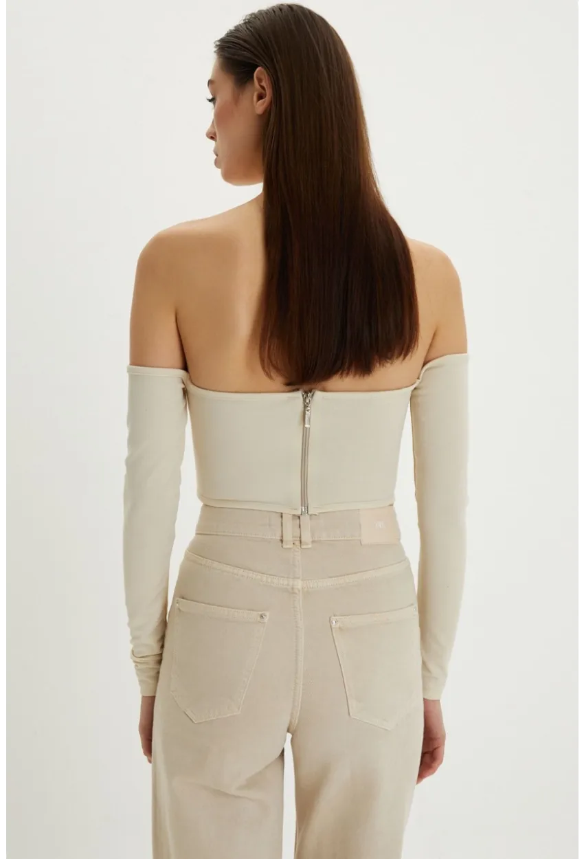 Kadın Vanilya Sırt Fermuarlı Crop Bluz B518