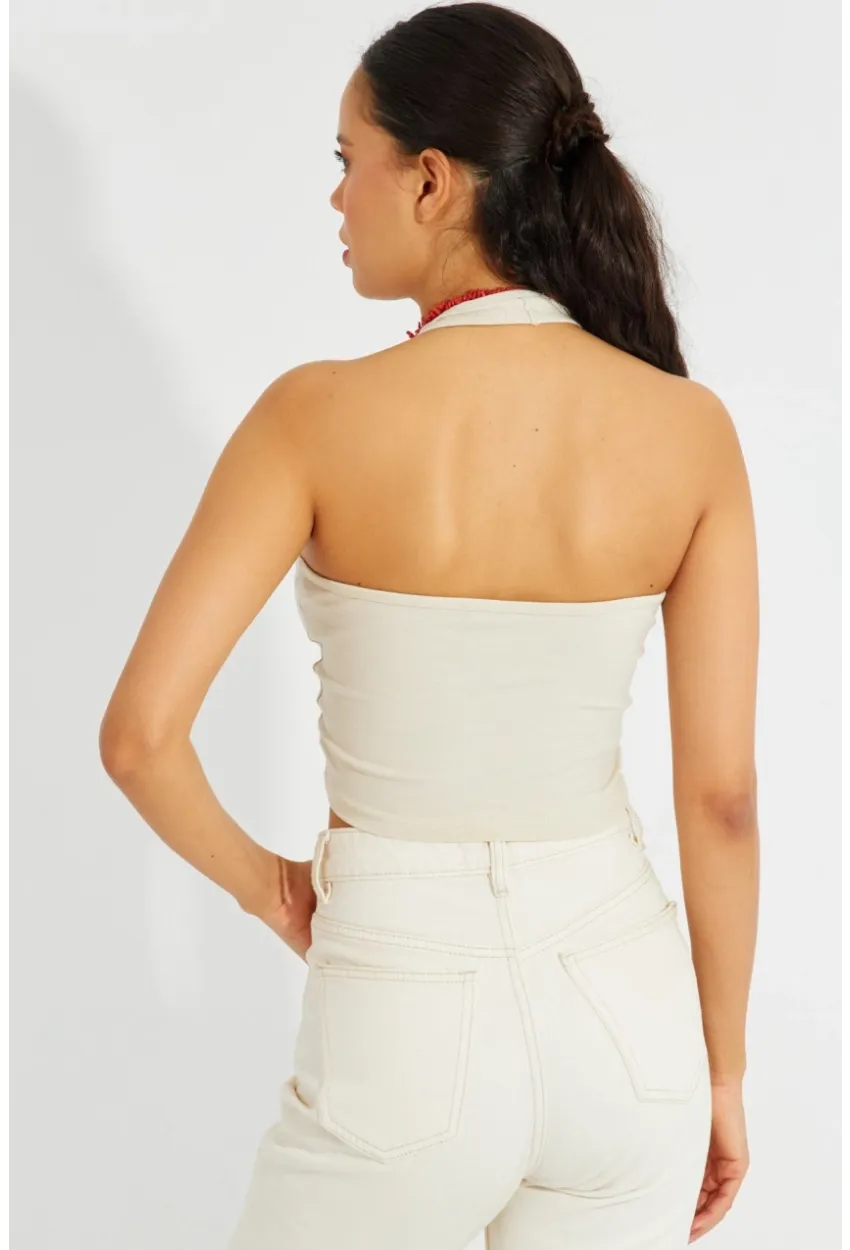 Kadın Vanilya Sırtı Açık Crop Bluz B2697