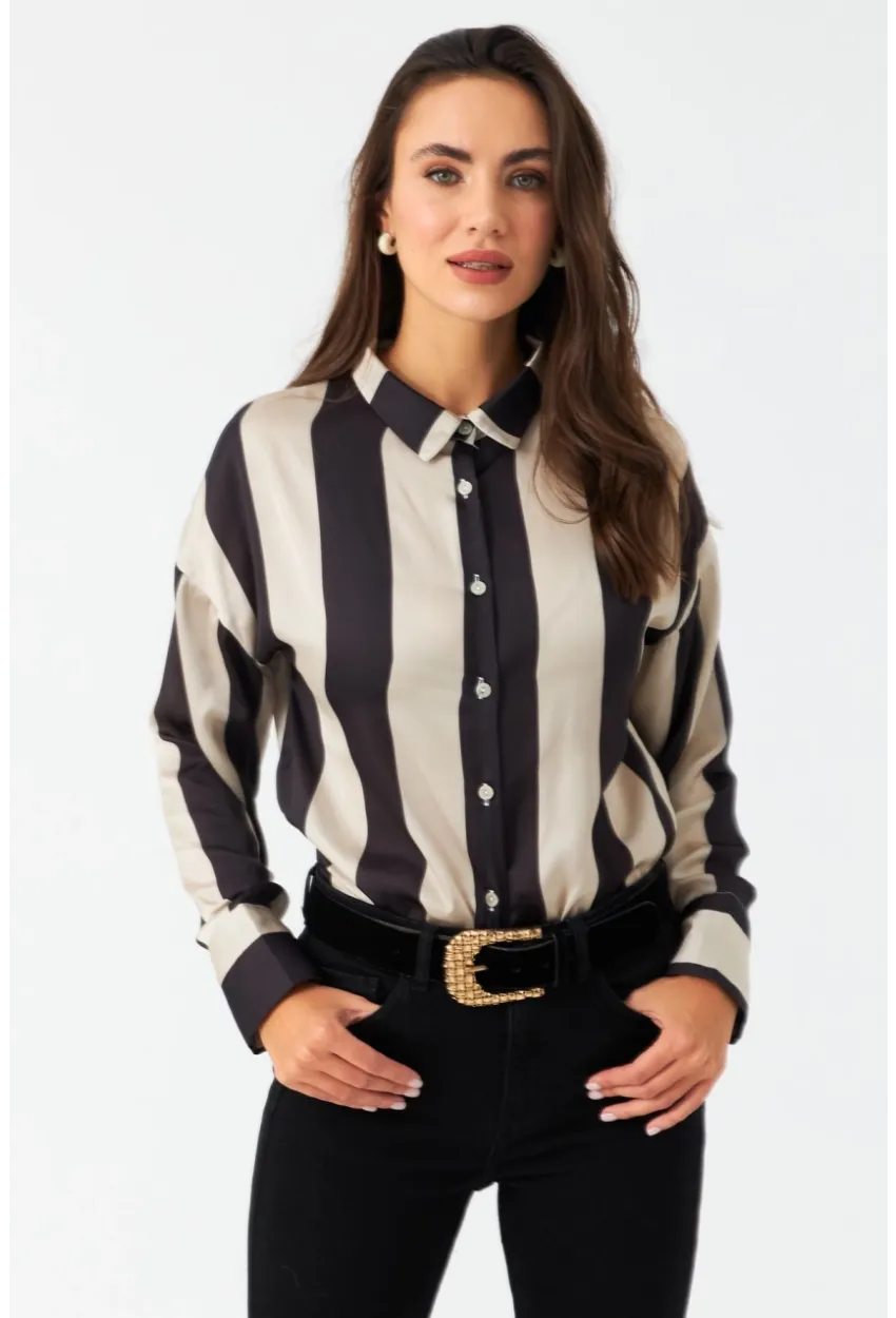 Kadın Vanilya-Siyah Desenli Saten Gömlek MSHR500