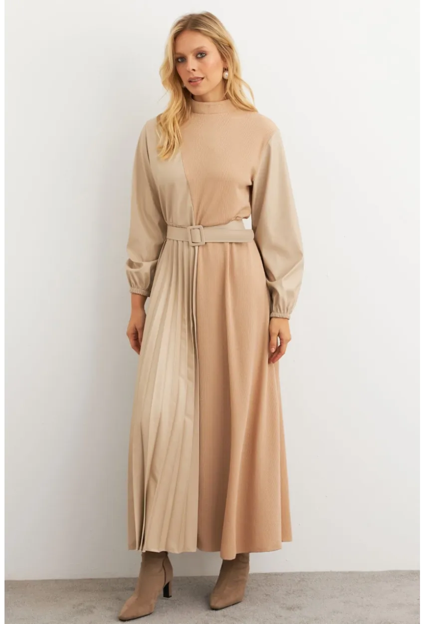 Kadın Vanilya Suni Deri Bloklu Pilili Maxi Elbise MALZ100
