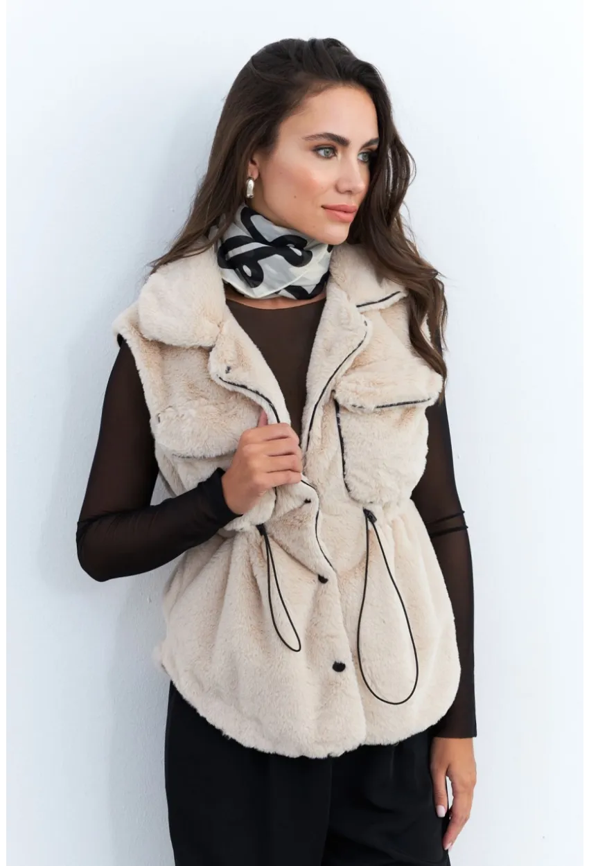 Kadın Vanilya Suni Kürk Cepli Yelek MK66