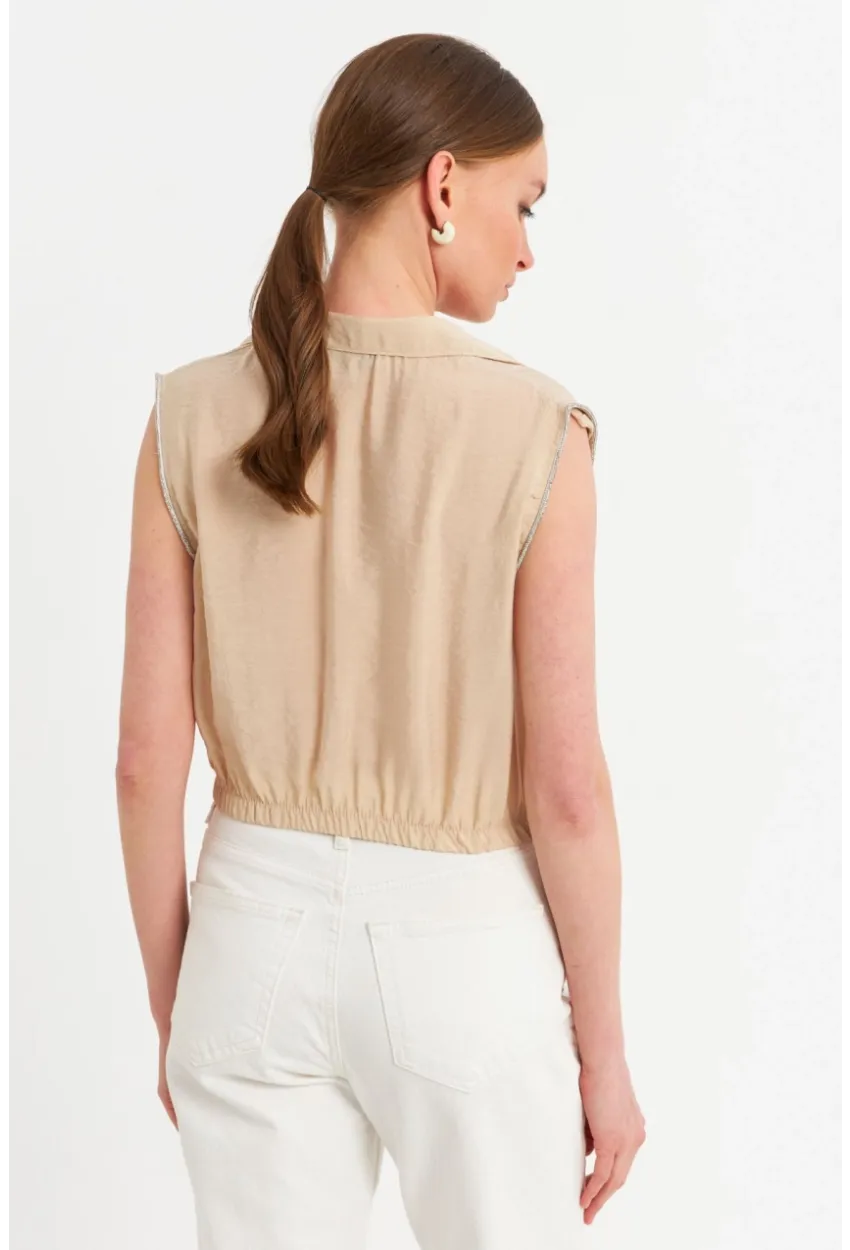 Kadın Vanilya Taş Detaylı Crop Gömlek SUN200