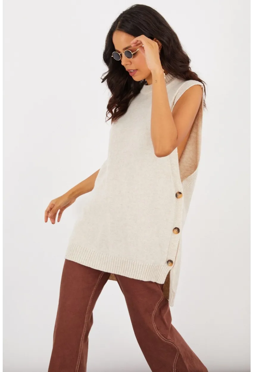 Kadın Vanilya Yanları Düğmeli Kolsuz Triko Tunik YV75
