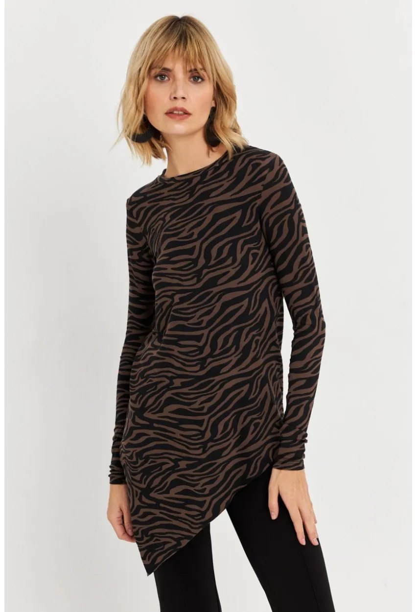 Kadın Vizon Asimetrik Zebra Desenli Tunik MLPP1186-1