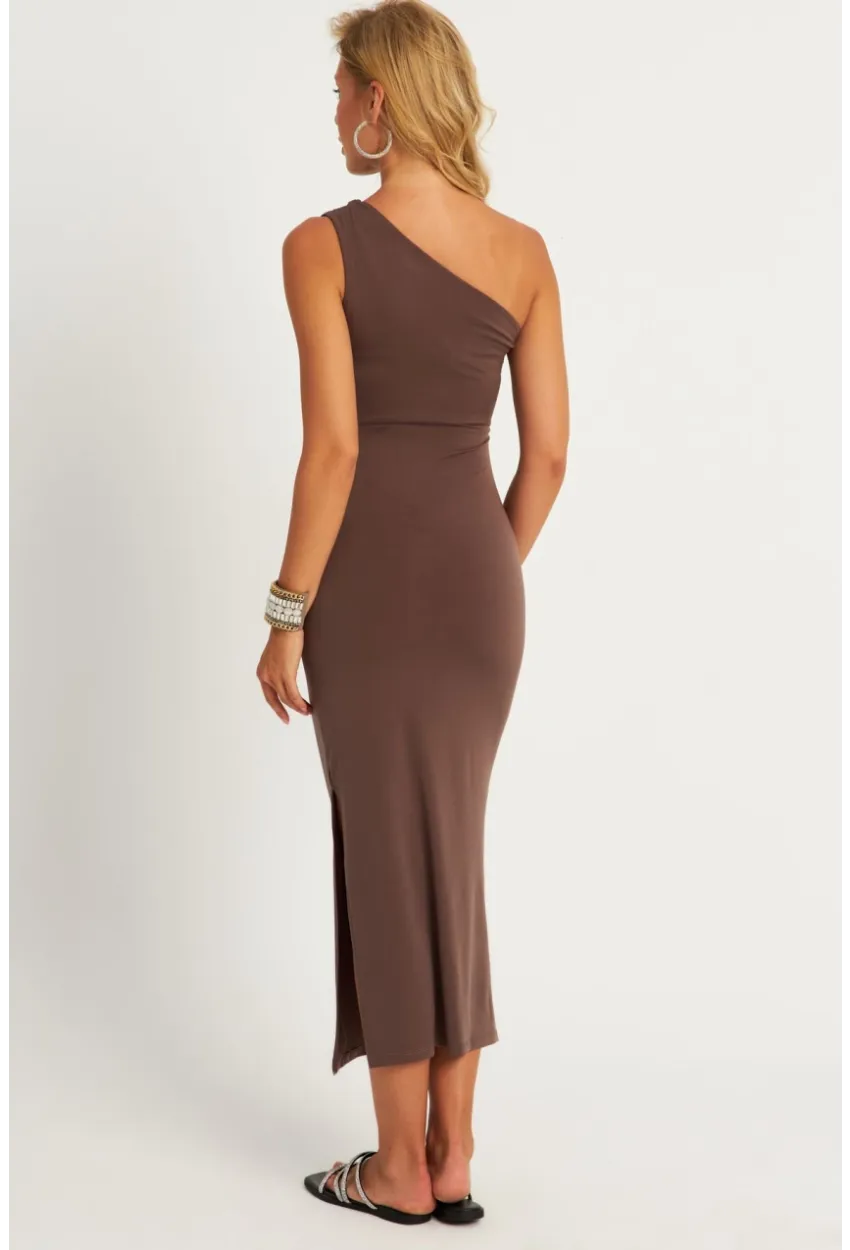 Kadın Vizon Büzgülü Yırtmaçlı Midi Elbise MON134