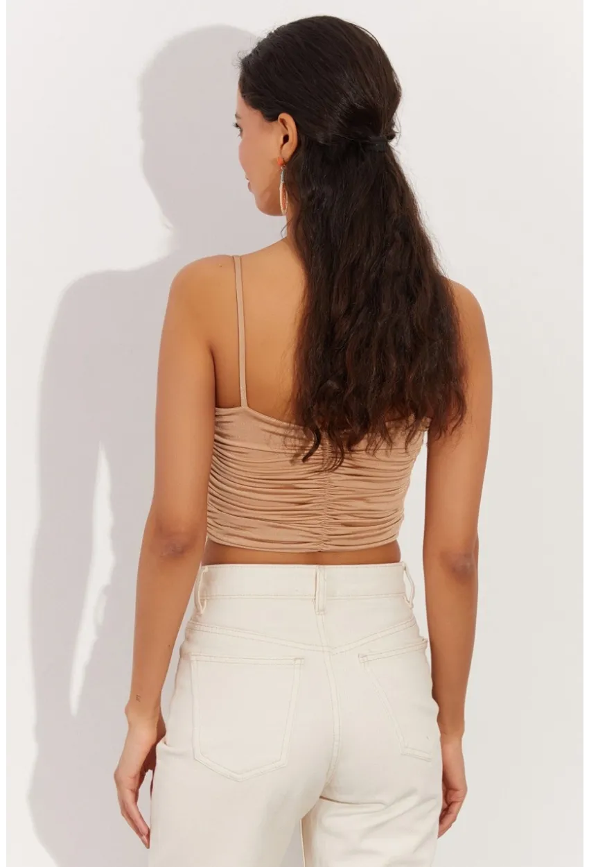 Kadın Vizon Drapeli Crop Bluz LPP1216