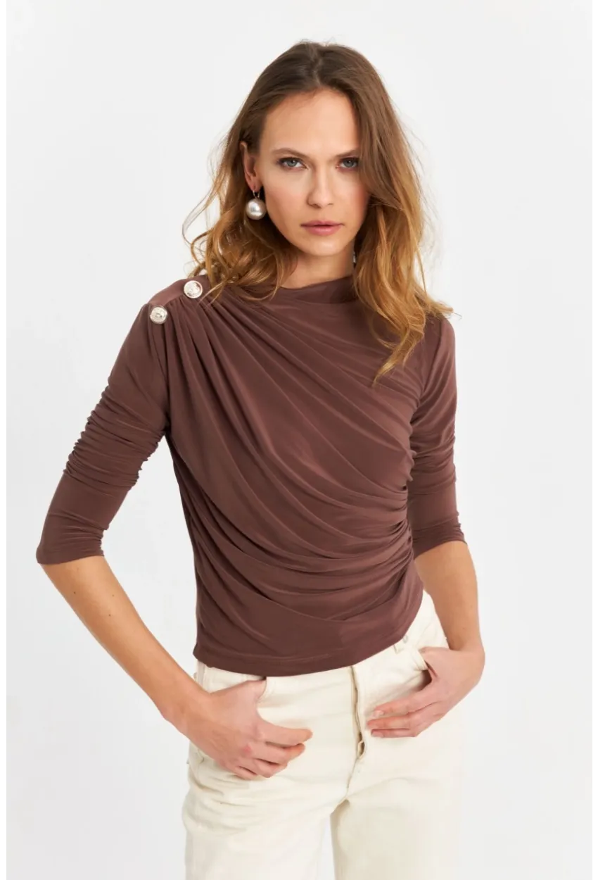 Kadın Vizon Düğme Detaylı Büzgülü Bluz LPP1223-1