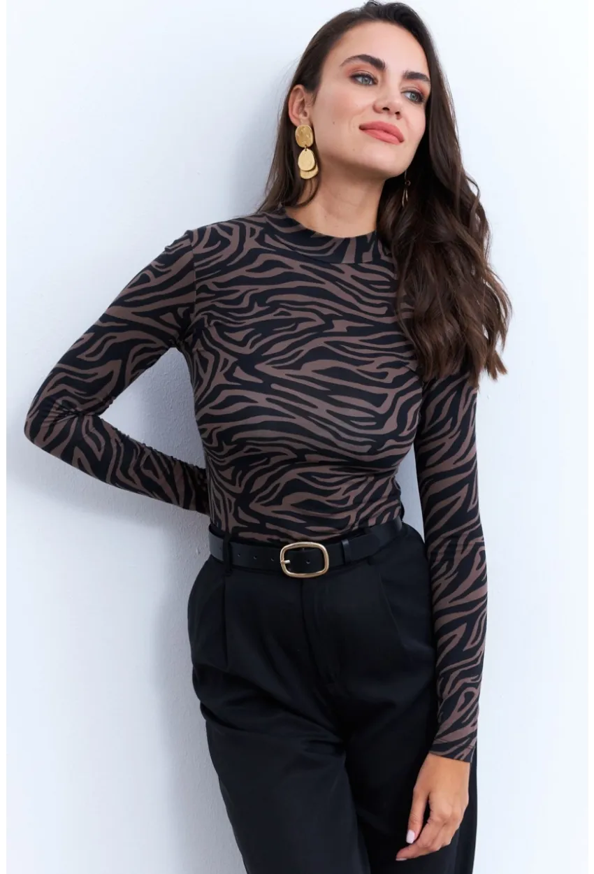 Kadın Vizon-Siyah Zebra Desenli Bluz LPP1275