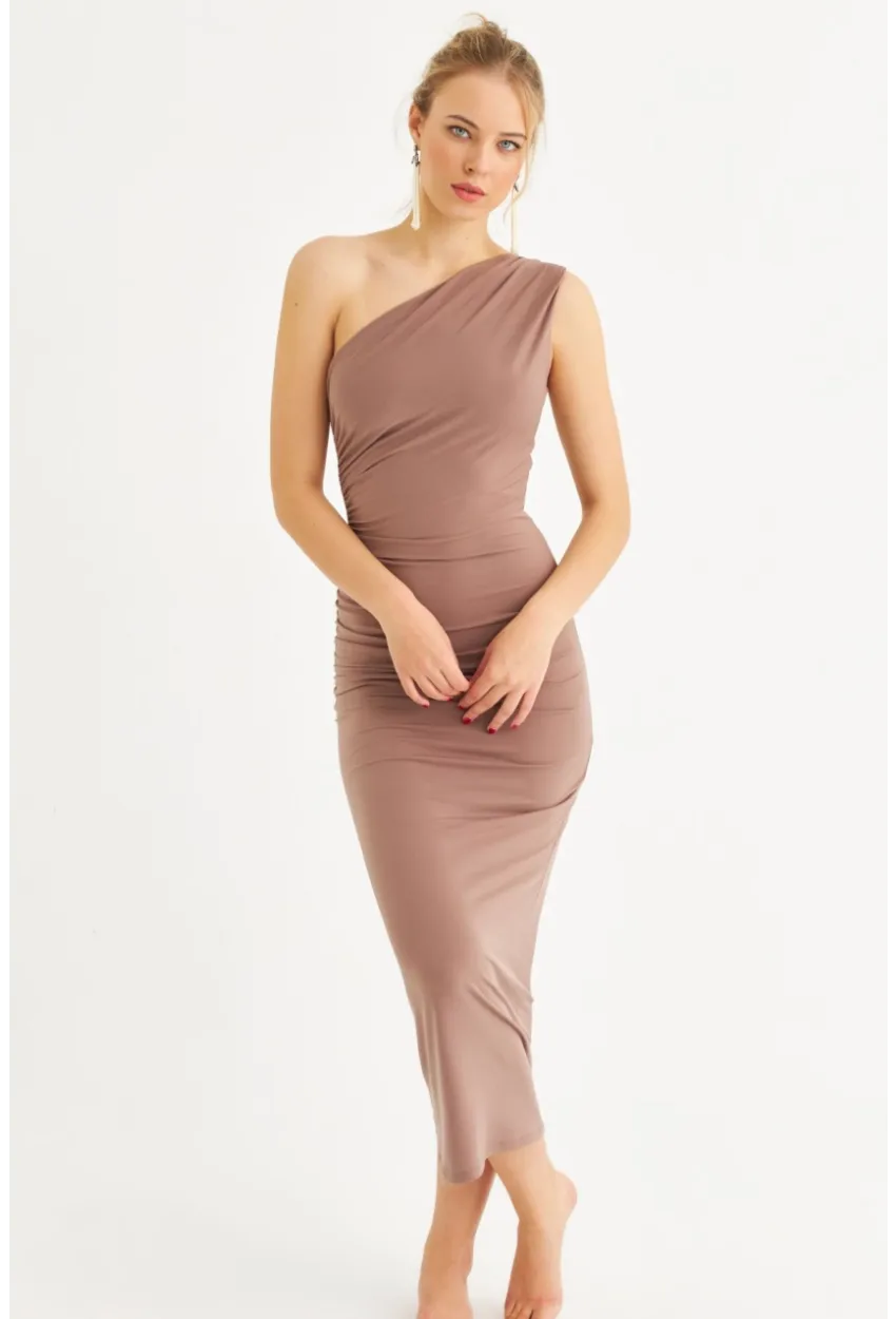 Kadın Vizon Tek Omuz Büzgülü Midi Elbise DMR294-90