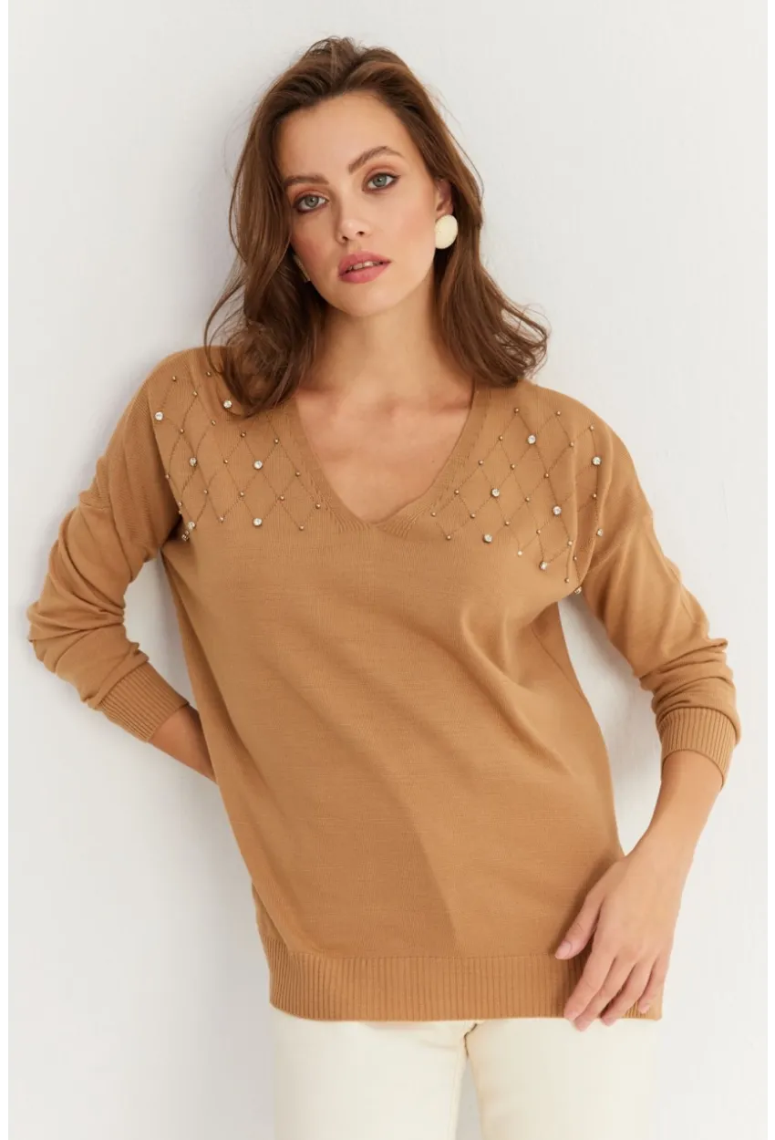 Kadın Vizon V Yaka Taşlı İnce Triko Bluz YİL002