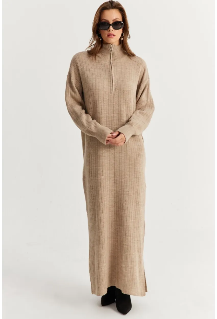 Kadın Vizon Yakası Fermuarlı Triko Maxi Elbise MNUV10