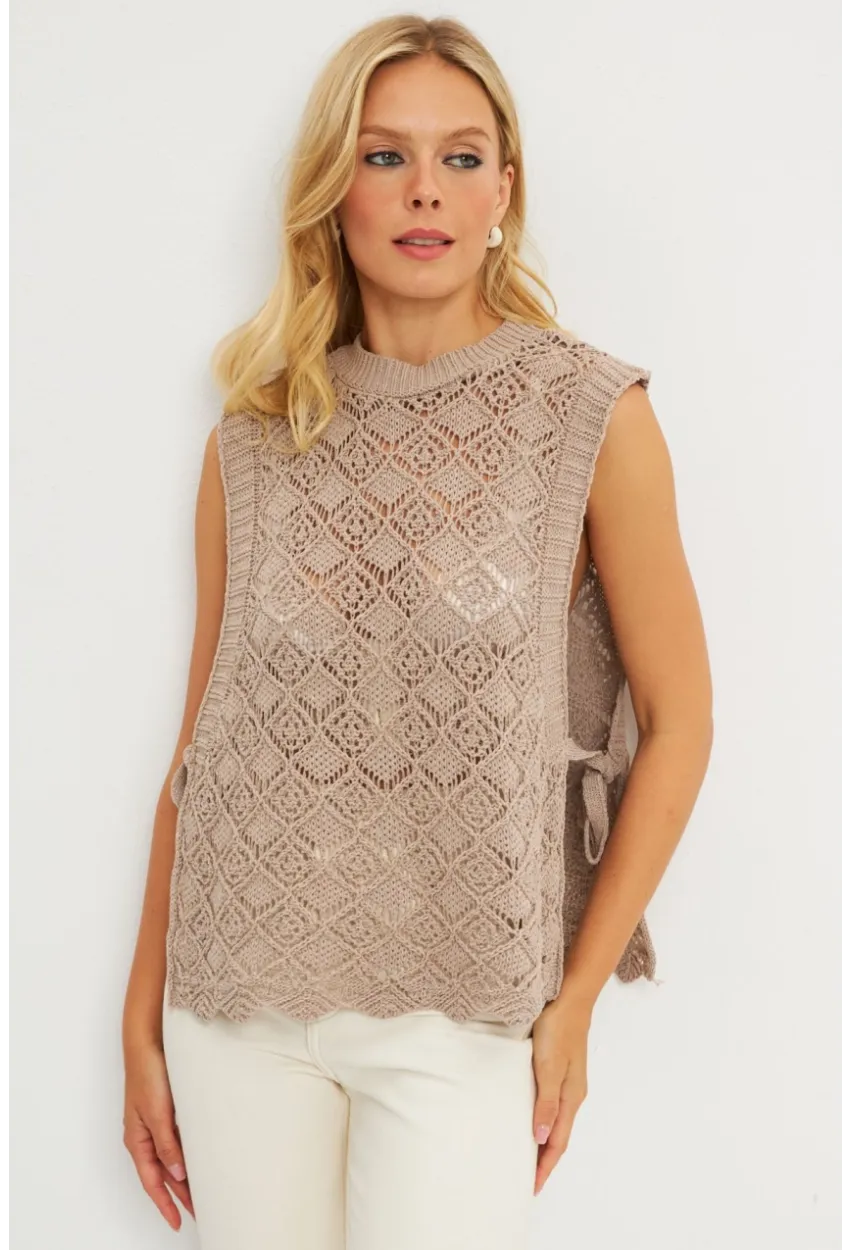 Kadın Vizon Yanları Bağlamalı Ajurlu Süveter YV226