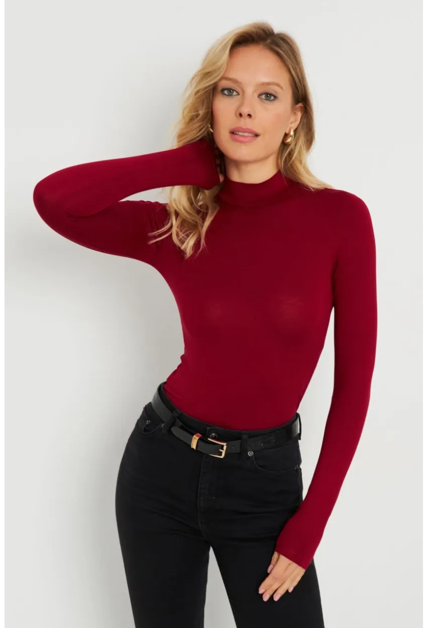 Kadın Yarım Balıkçı Bluz Bordo AYD289