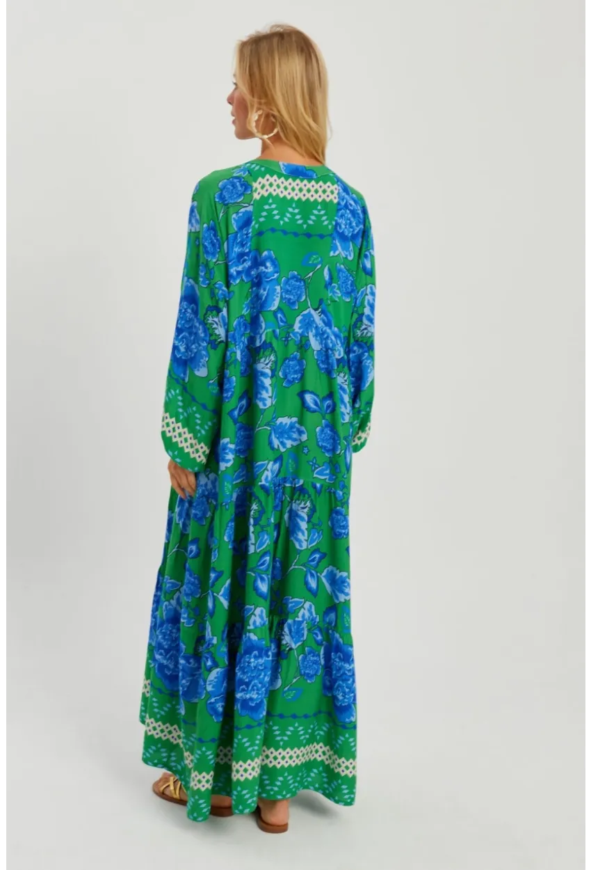 Kadın Yeşil Çiçekli Salaş Maxi Elbise Q989