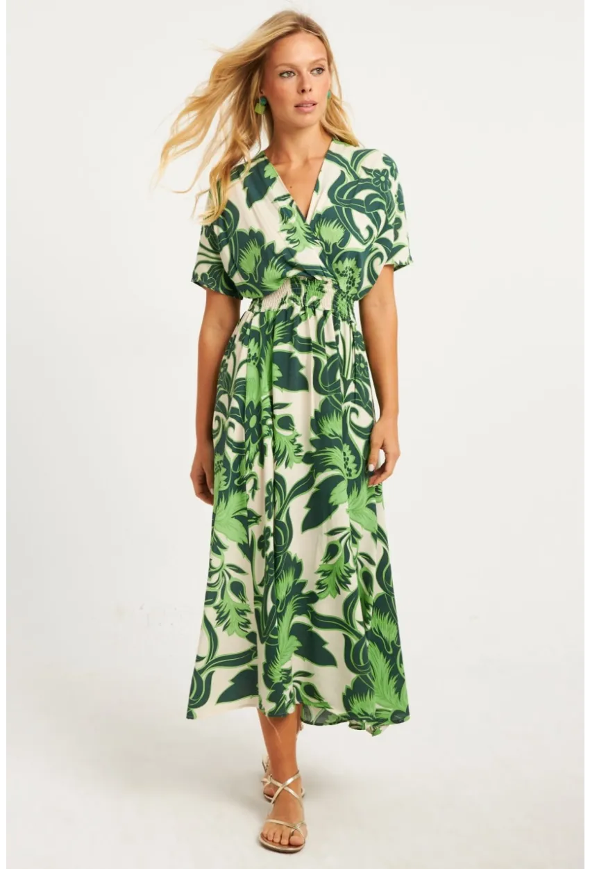 Kadın Yeşil Desenli Gipeli Midi Elbise YZ1055