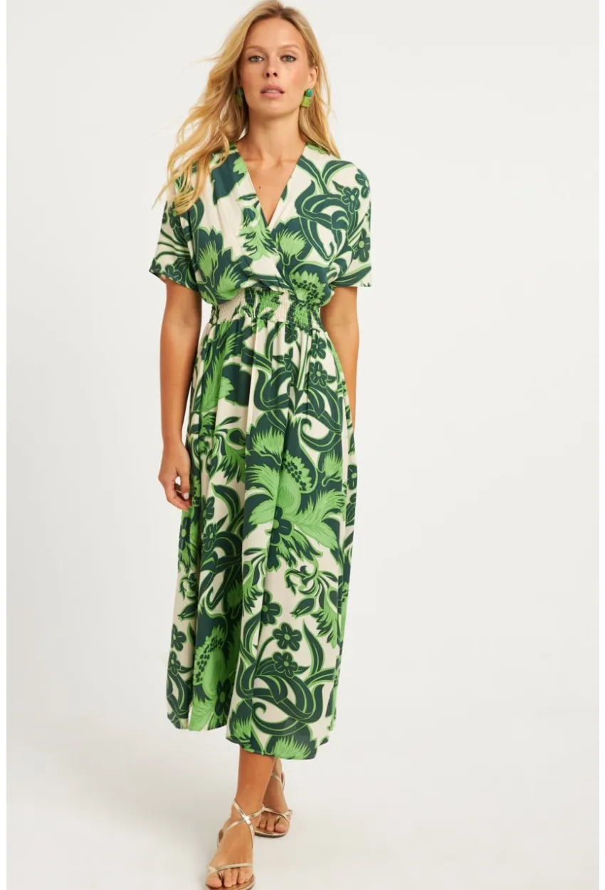 Kadın Yeşil Desenli Gipeli Midi Elbise YZ1055