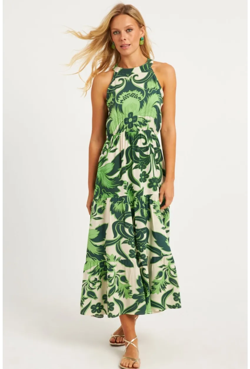 Kadın Yeşil Desenli Midi Elbise YZ1107