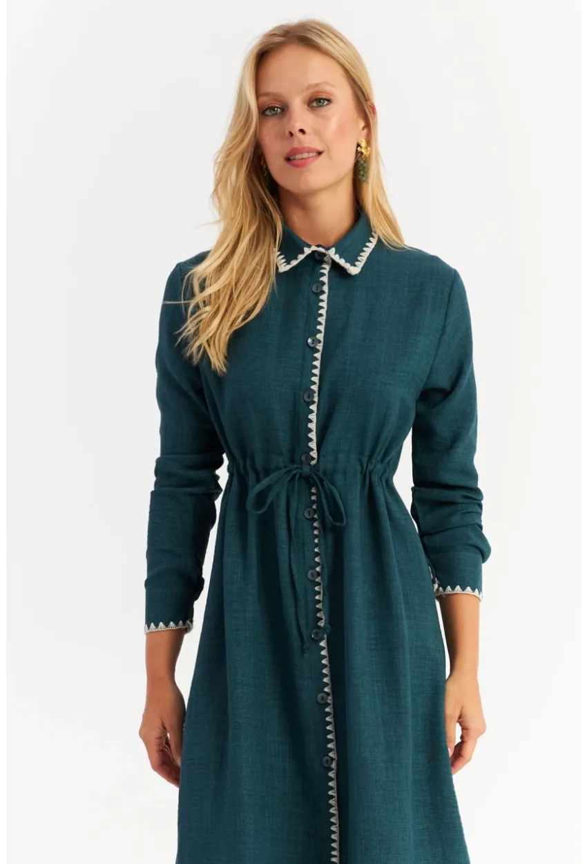 Kadın Yeşil Garnili Gömlek Midi Elbise MASF10