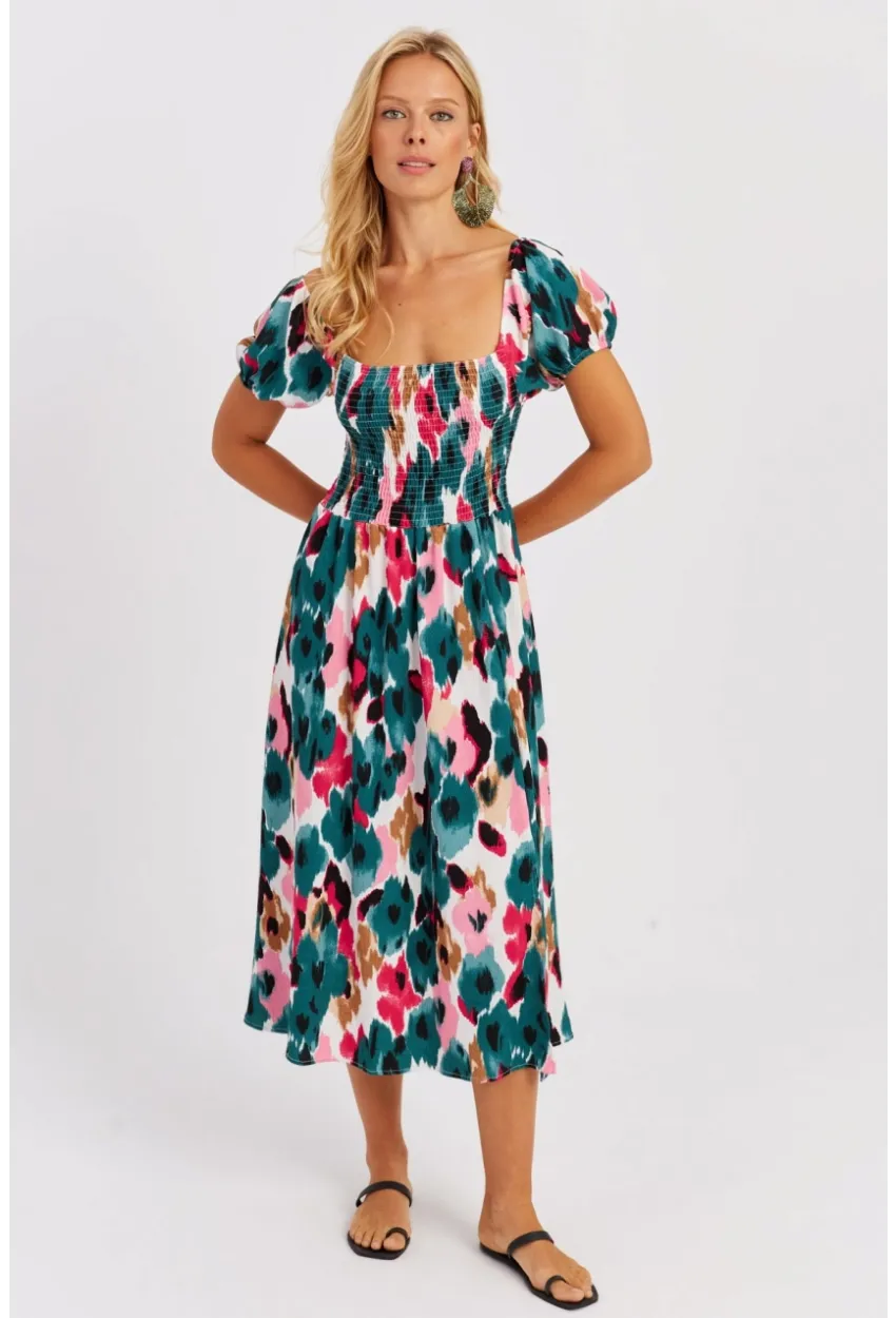 Kadın Yeşil Gipeli Desenli Midi Elbise MON126