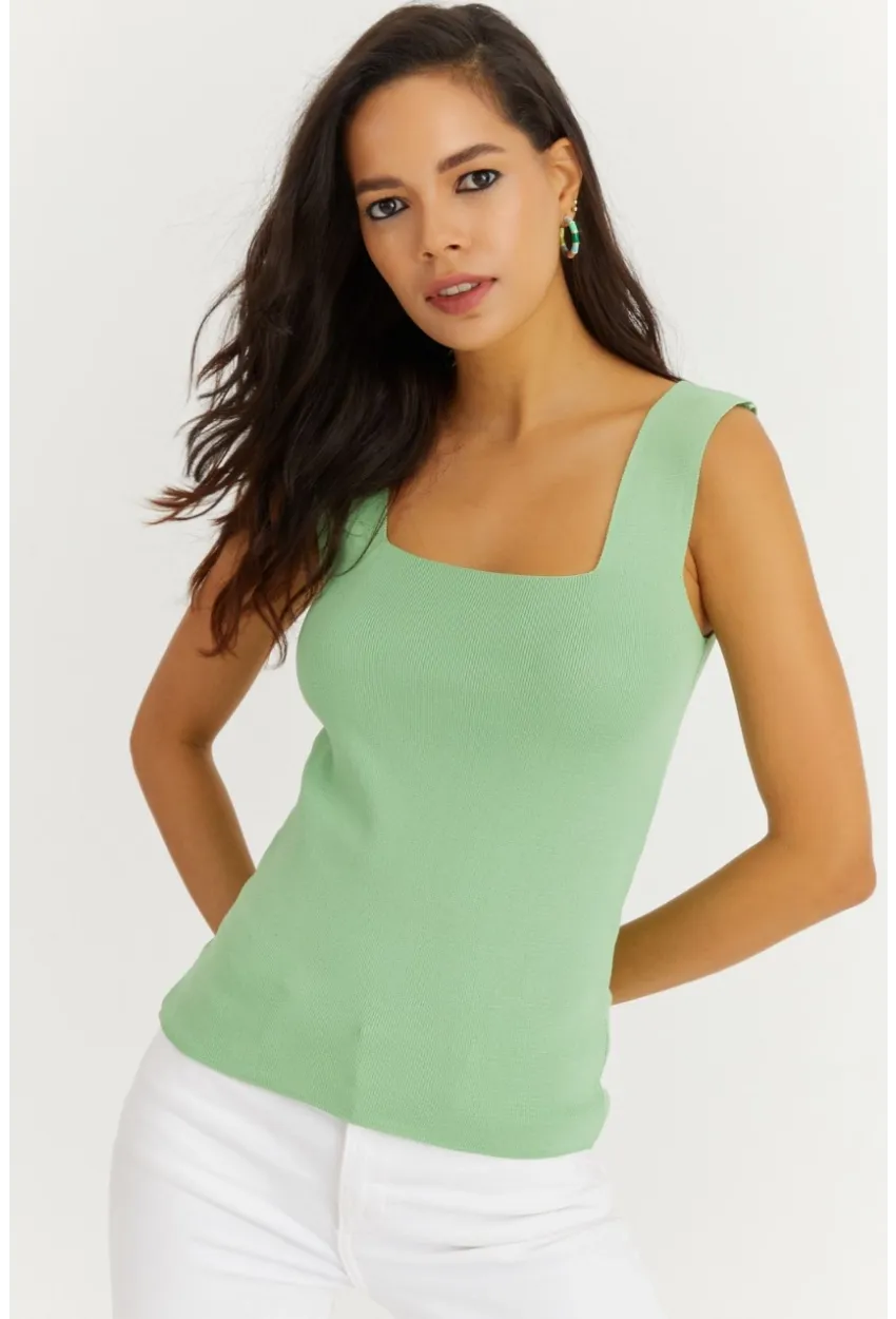 Kadın Yeşil Kare Yaka Triko Bluz YV80