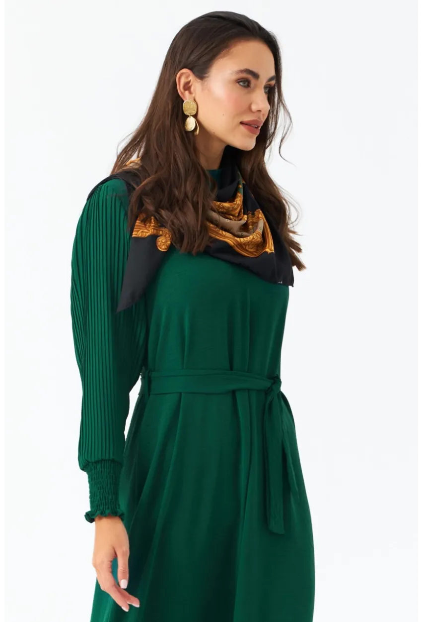 Kadın Yeşil Kolları Pileli Kemerli Maxi Elbise MASF124