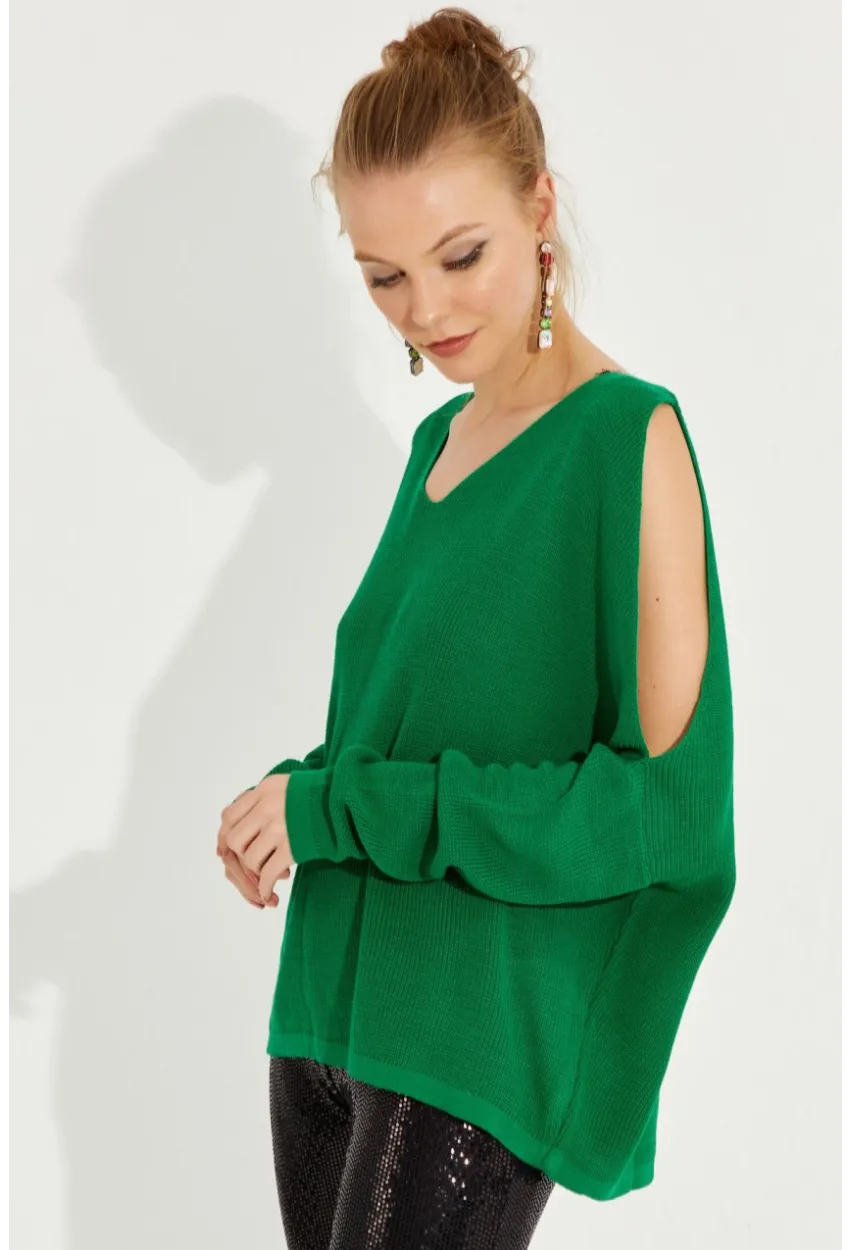 Kadın Yeşil Kolu Yırtmaçlı Triko Bluz SMT221