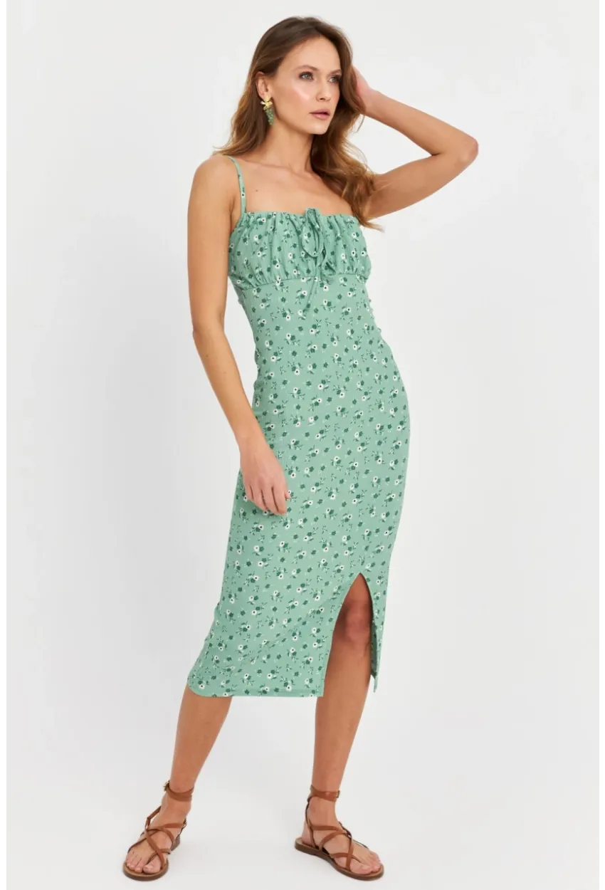 Kadın Yeşil Önü Bağlamalı Midi Elbise MTK10546