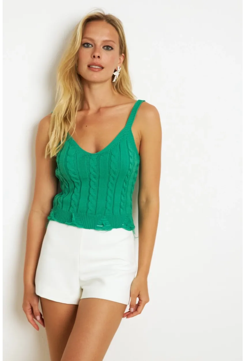 Kadın Yeşil Örgülü V Yaka Triko Bluz KAZ05