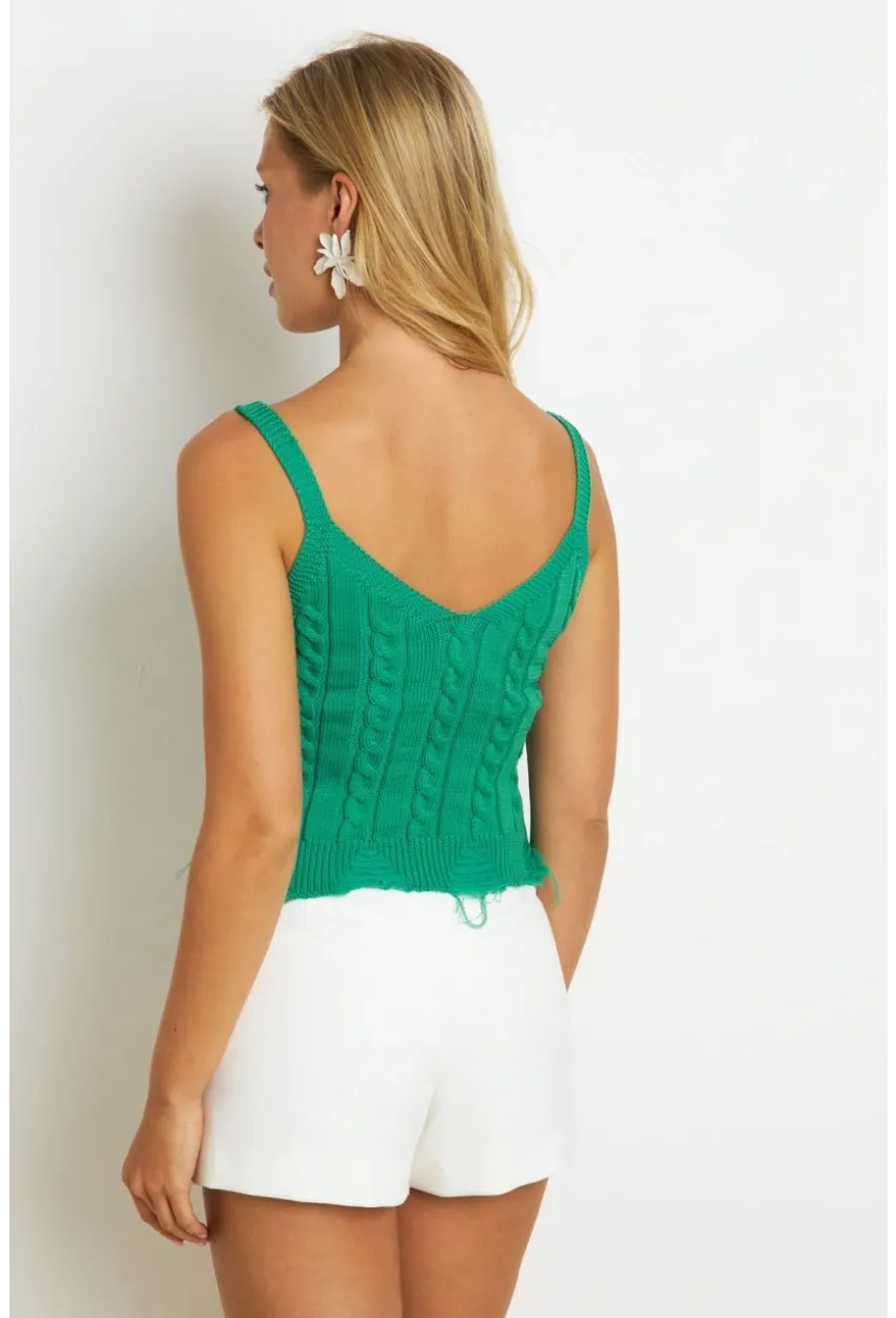 Kadın Yeşil Örgülü V Yaka Triko Bluz KAZ05